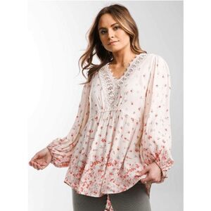 Angie Flowy Floral Crinkle Blouse Crochet Lace Trim Size Large    M